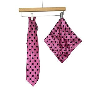 Steven Land Pink Black Polka Dot Stripe Silk Mens Necktie Pocket Square Set